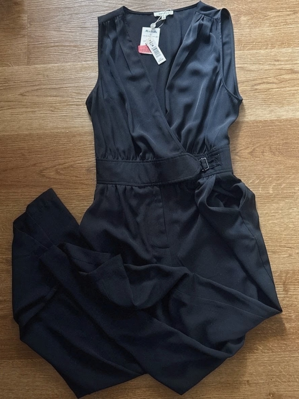 Max Studio Black Sleeveless Wrap-Front Jumpsuit with Buckle Waist